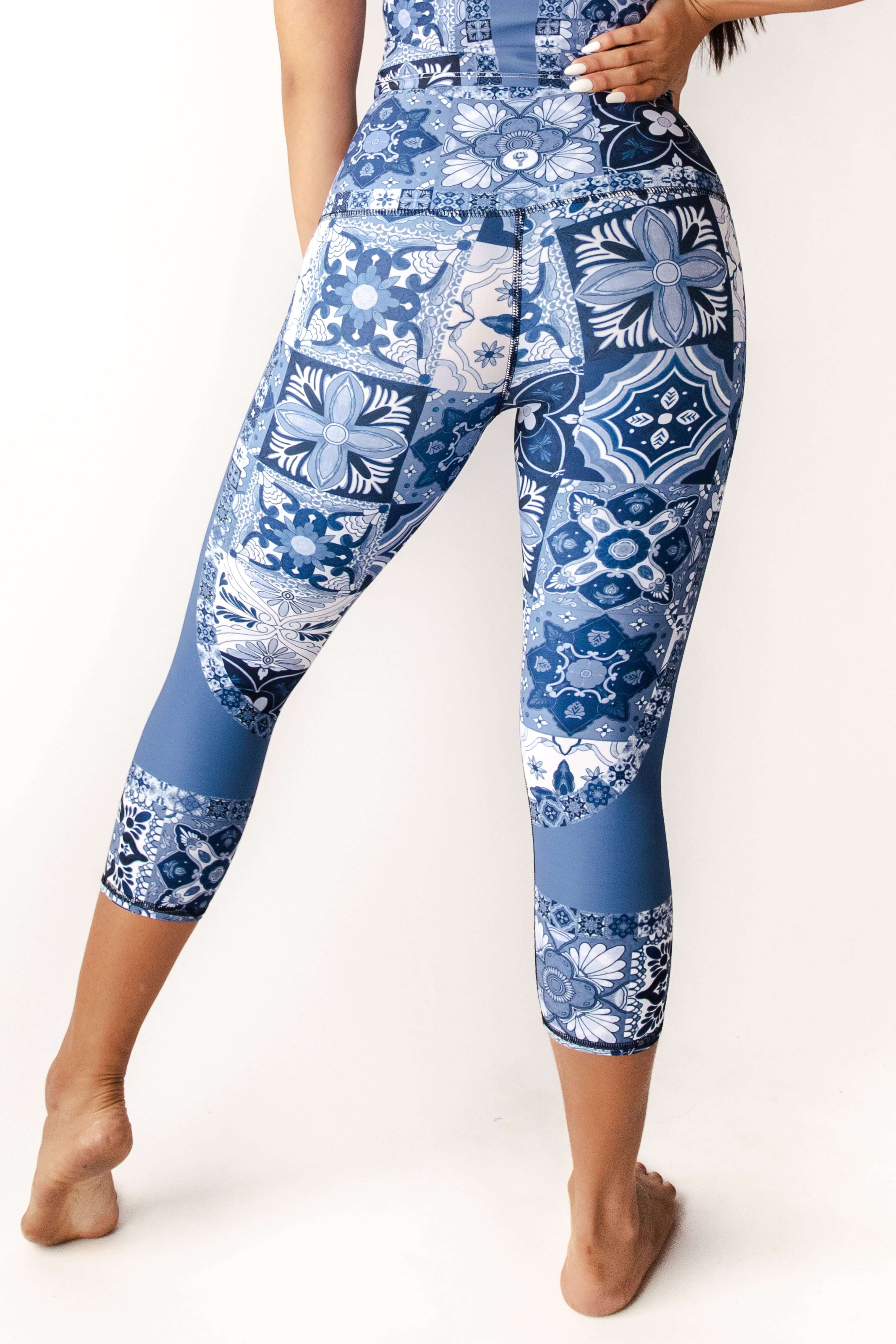 Mosaic In Blue Printed Yoga Crops