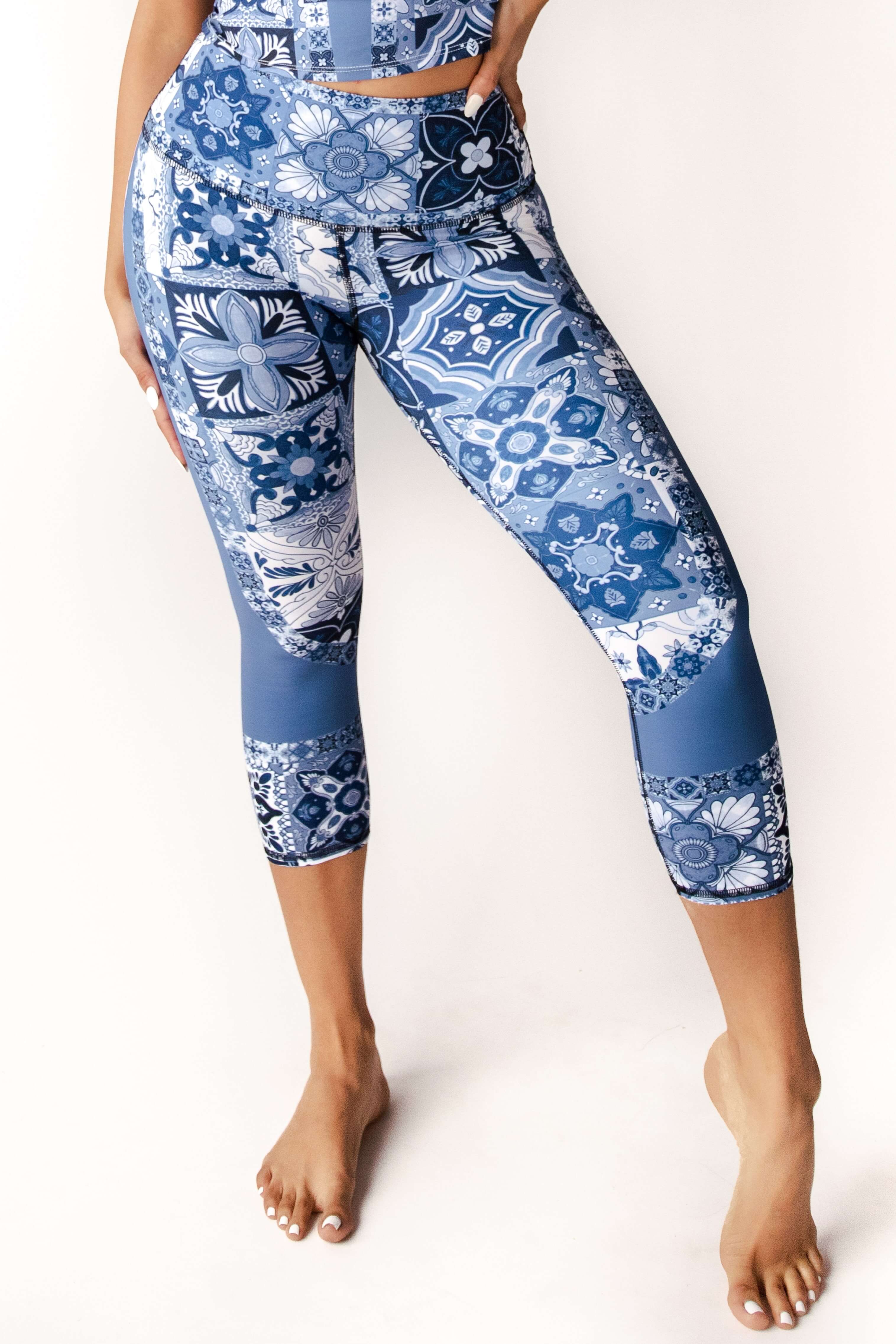 Mosaic In Blue Printed Yoga Crops