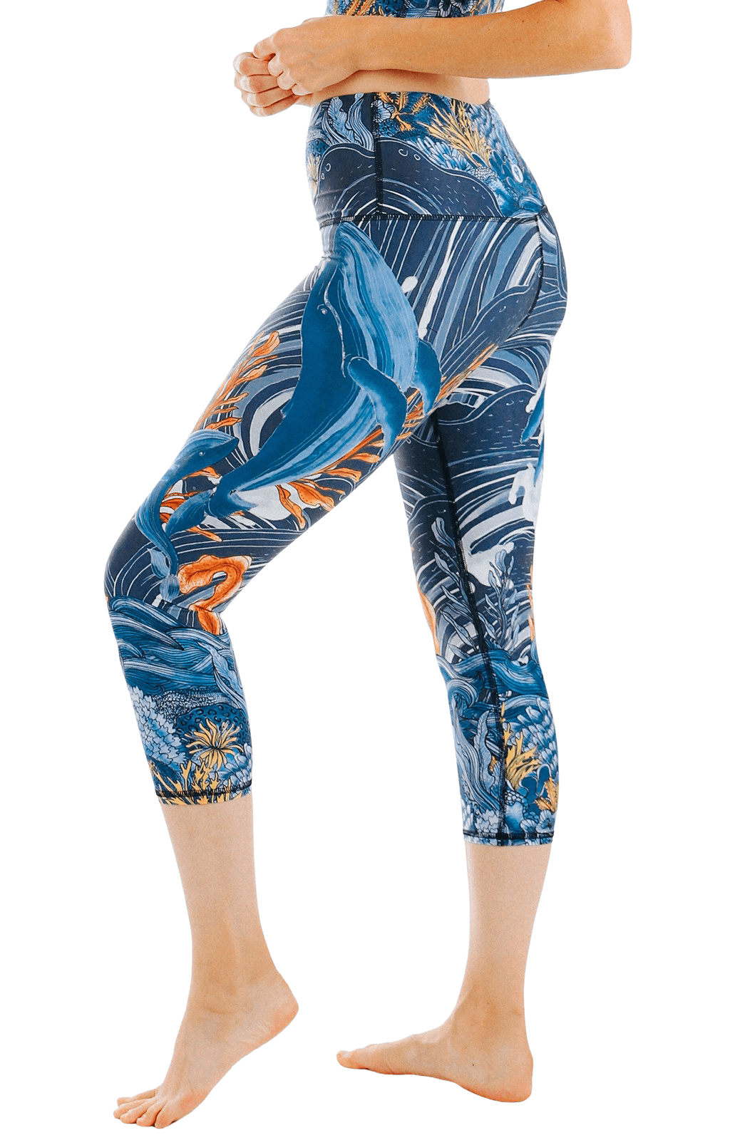 Pantalones de yoga estampados con el texto "Hola ballena"