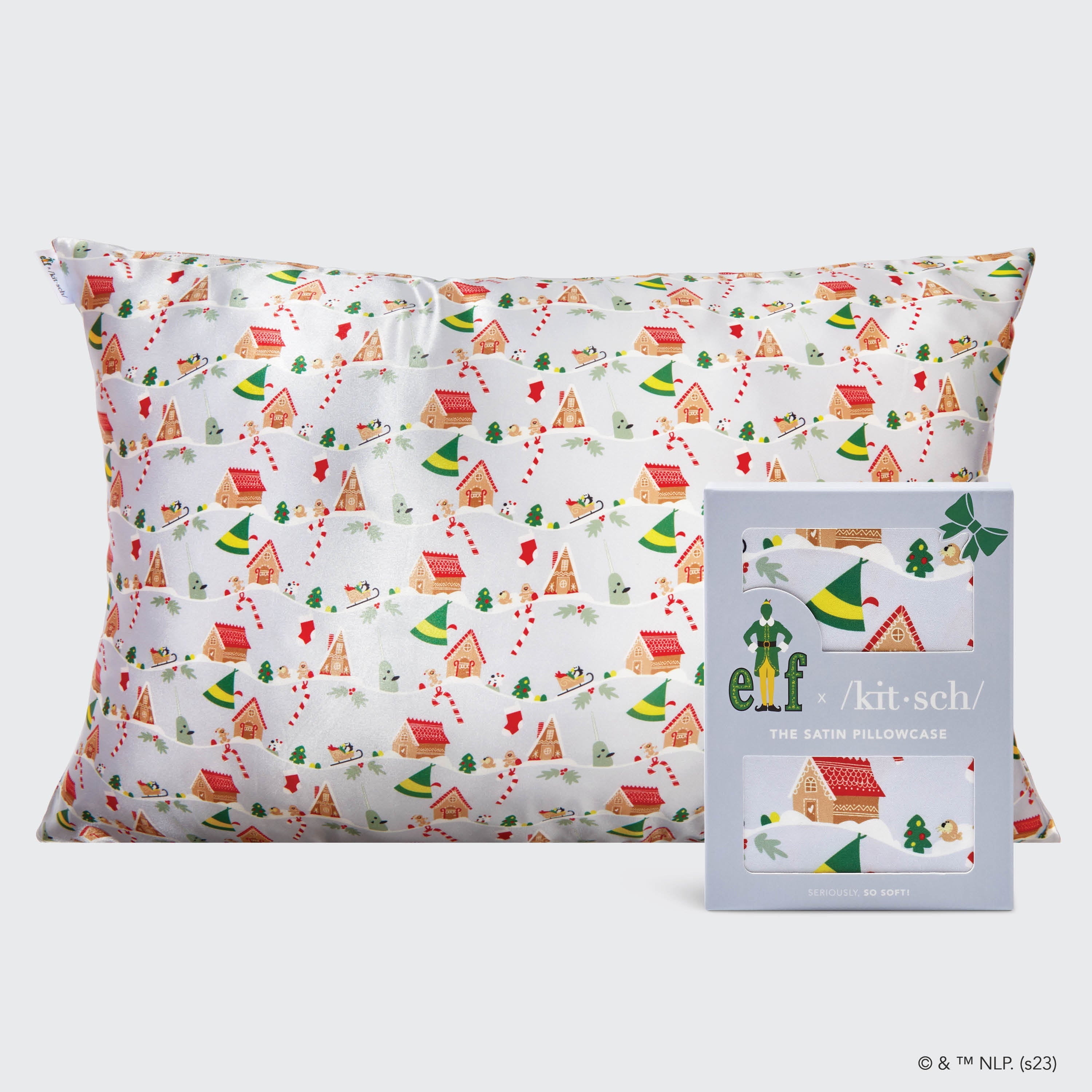 Funda de almohada de satén Kitsch x Elf - Periwinkle Christmas