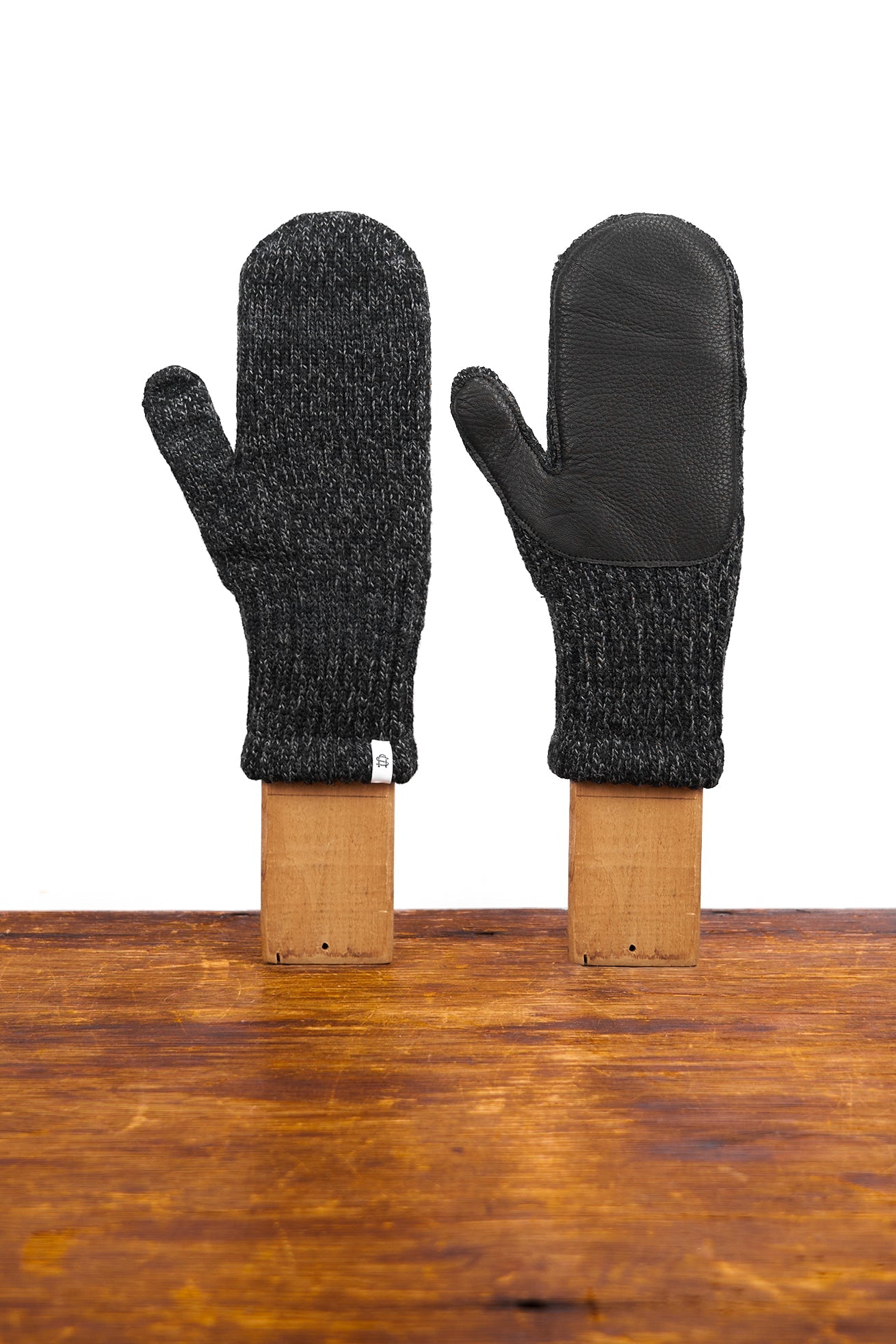 Black Melange Ragg Wool Mitten with Black Deerskin