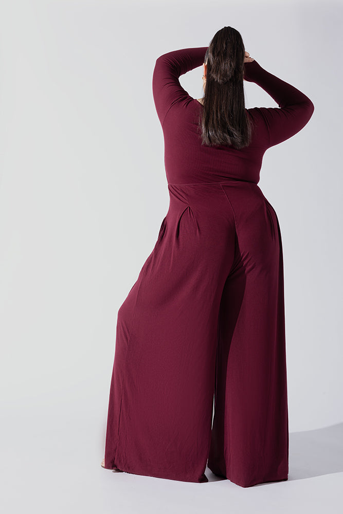 Go With The Flow Long Sleeve Jumpsuit - Garnet