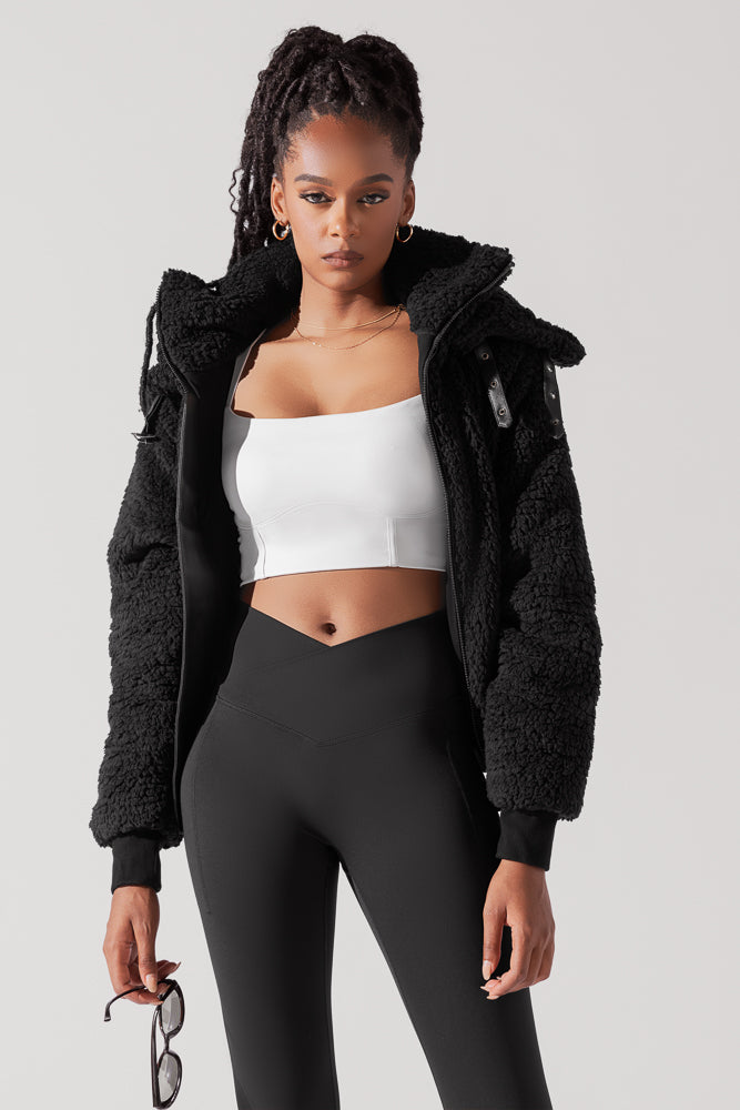 The Kinsley Bomber Jacket in Faux Sherpa - Black