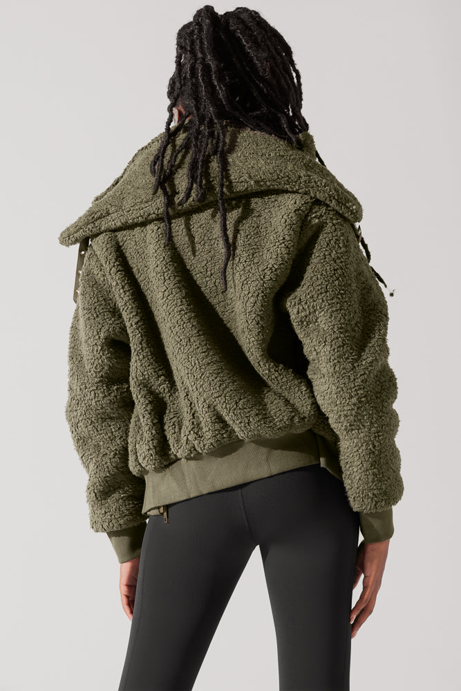 The Kinsley Bomber Jacket in Faux Sherpa - Olive