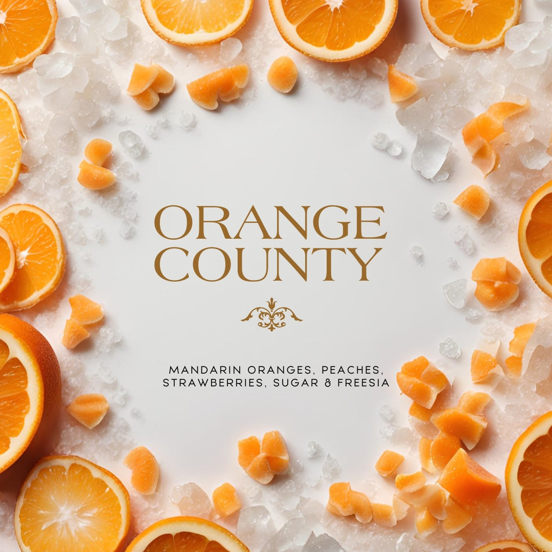 Orange County (7,5 oz Einzeldocht) – Noten: Mandarinen, Pfirsiche, Erdbeeren, Zitrone und Zucker, Freesien