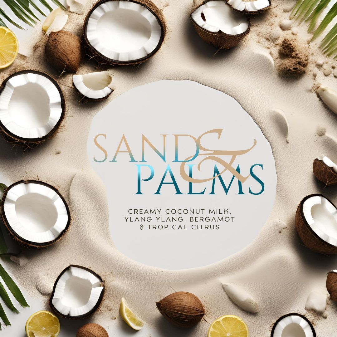 Sand + Palmen (15 oz Doppeldocht) – Noten: cremige Kokosmilch, Ylang Ylang, Bergamotte und tropische Zitrusfrüchte