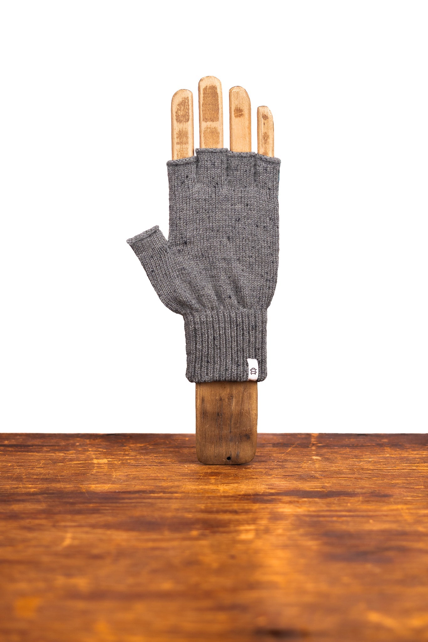 Graue fingerlose Tweed-Handschuhe aus Ragg-Wolle