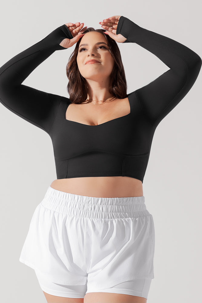 Crop Top mit Herzausschnitt und langen Ärmeln - Schwarz