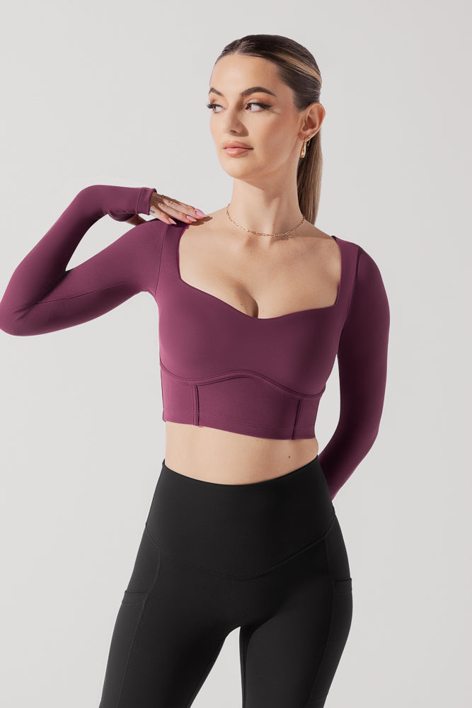 Sweetheart Langarm Crop Top - Pflaume