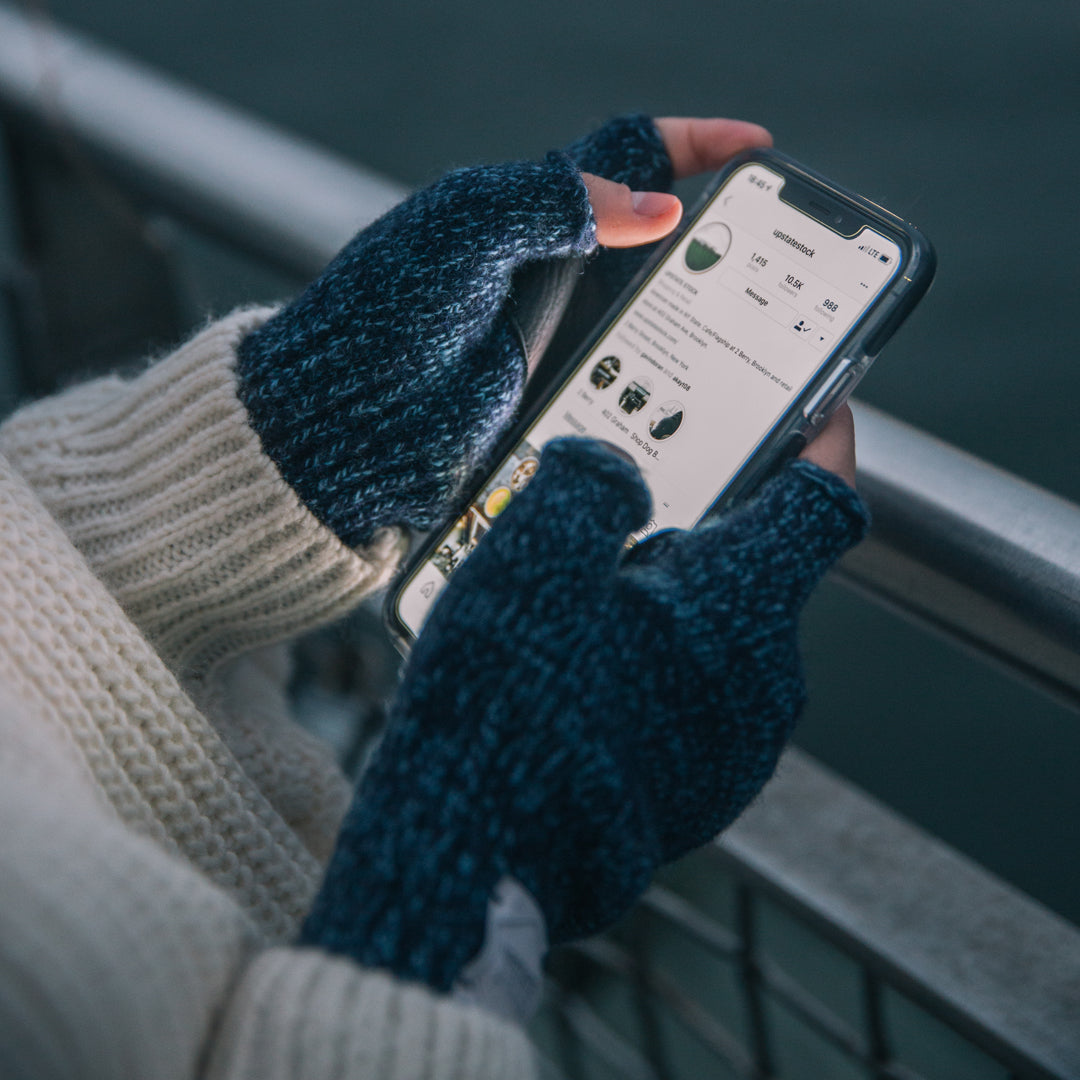 Denim Melange Fingerless Ragg Wool Gloves