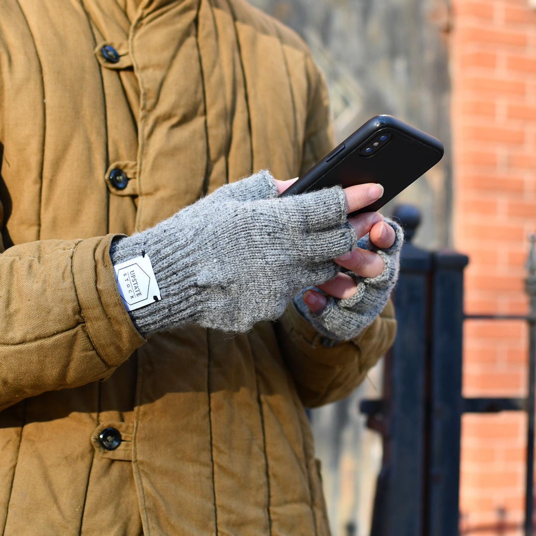 Grey Tweed Fingerless Glove with Black Deerskin Palm