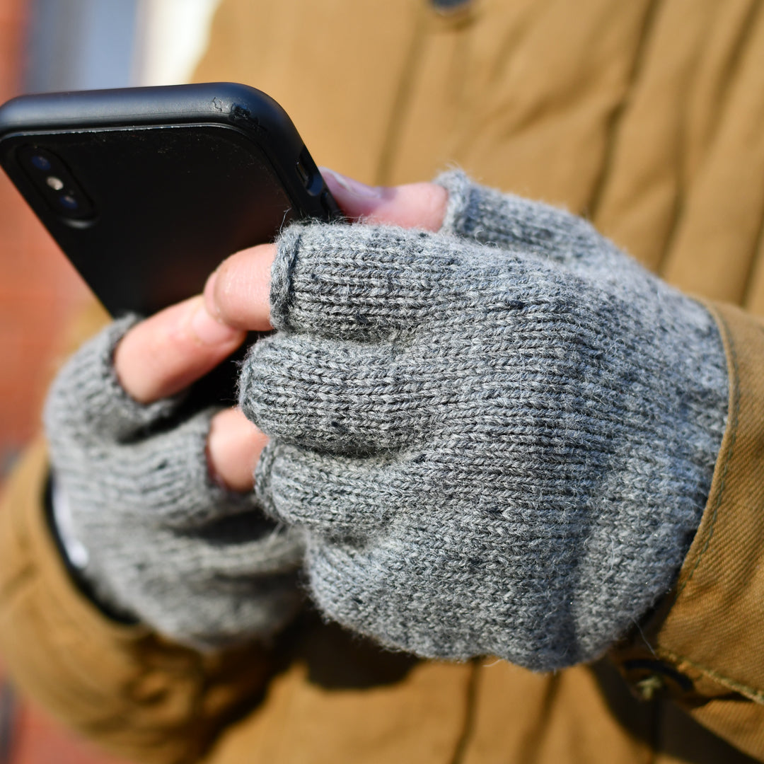 Grey Tweed Fingerless Ragg Wool Gloves