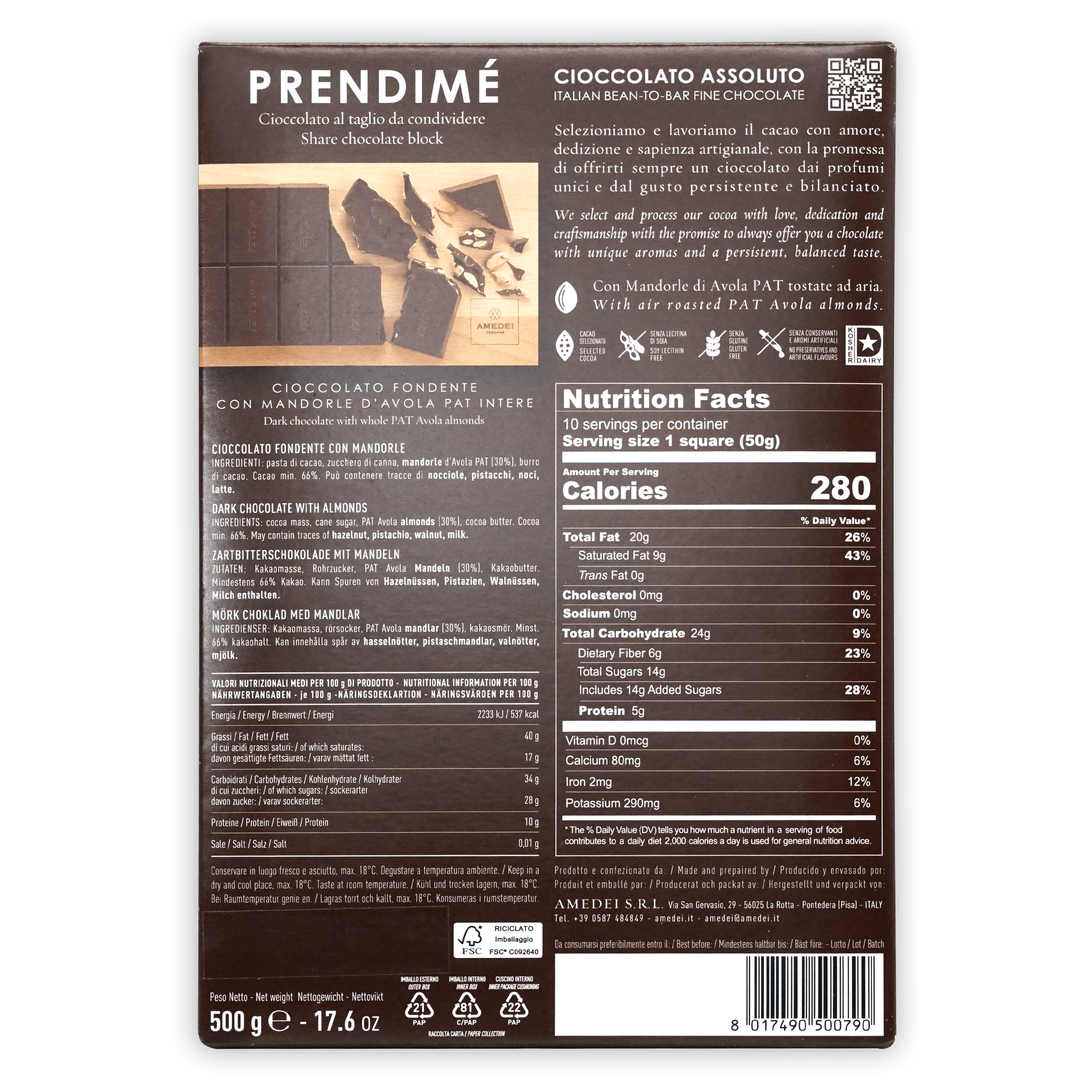 Amedei Prendimé Chocolate Negro con Almendras 66% (500g)