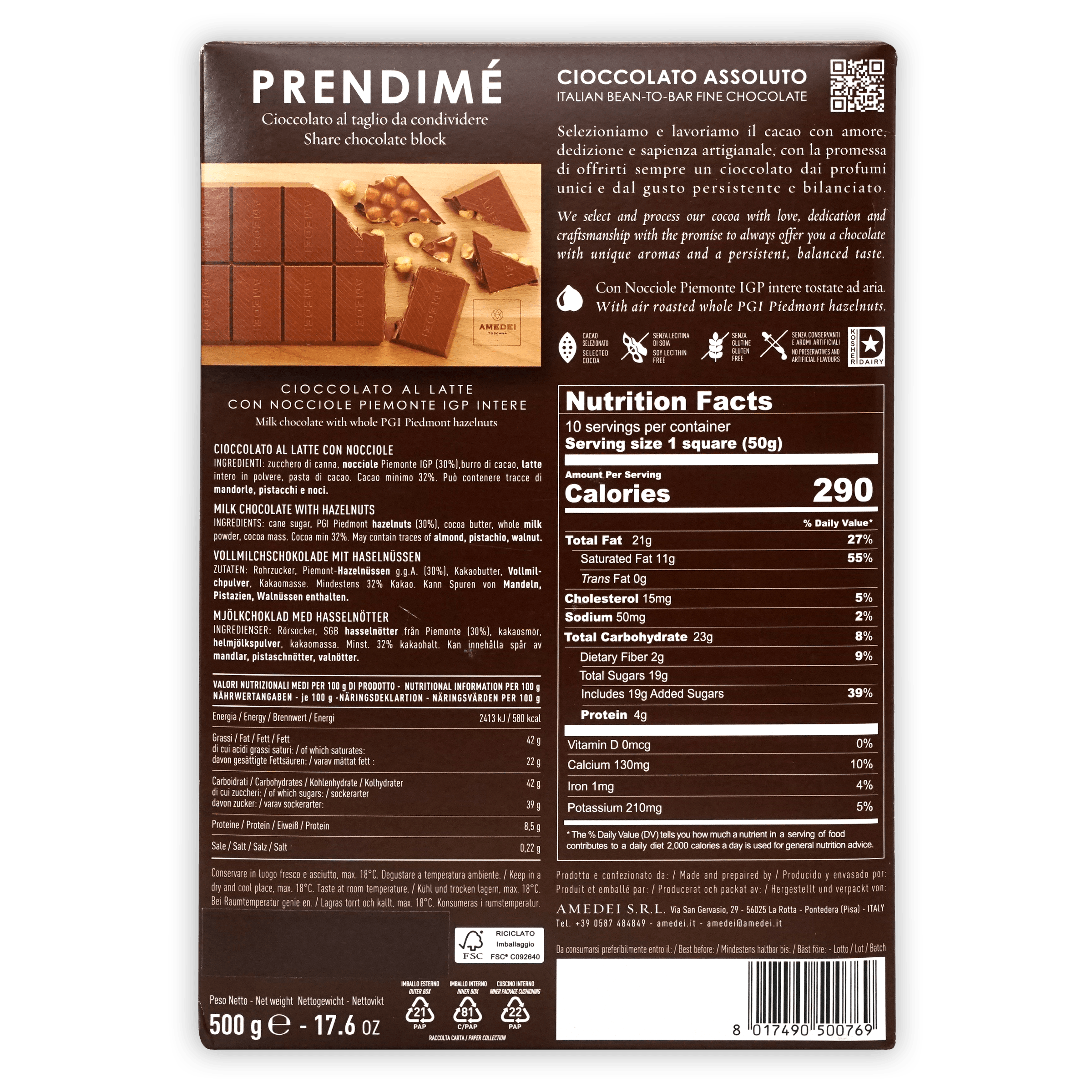 Amedei Prendimé Chocolate con Leche y Avellanas (500g)