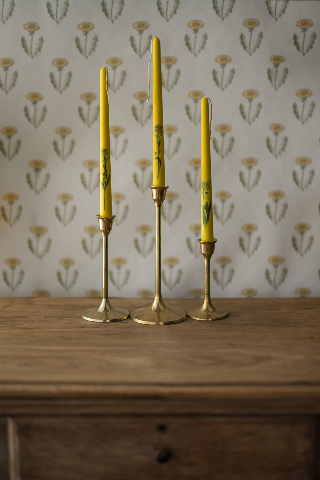 Galley & Fen Floral Inlaid Tapered Candles in Yellow - Set of 3