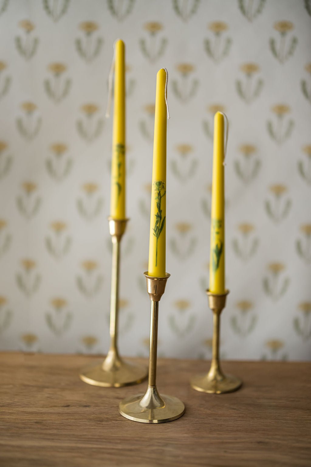 Galley & Fen Floral Inlaid Tapered Candles in Yellow - Set of 3