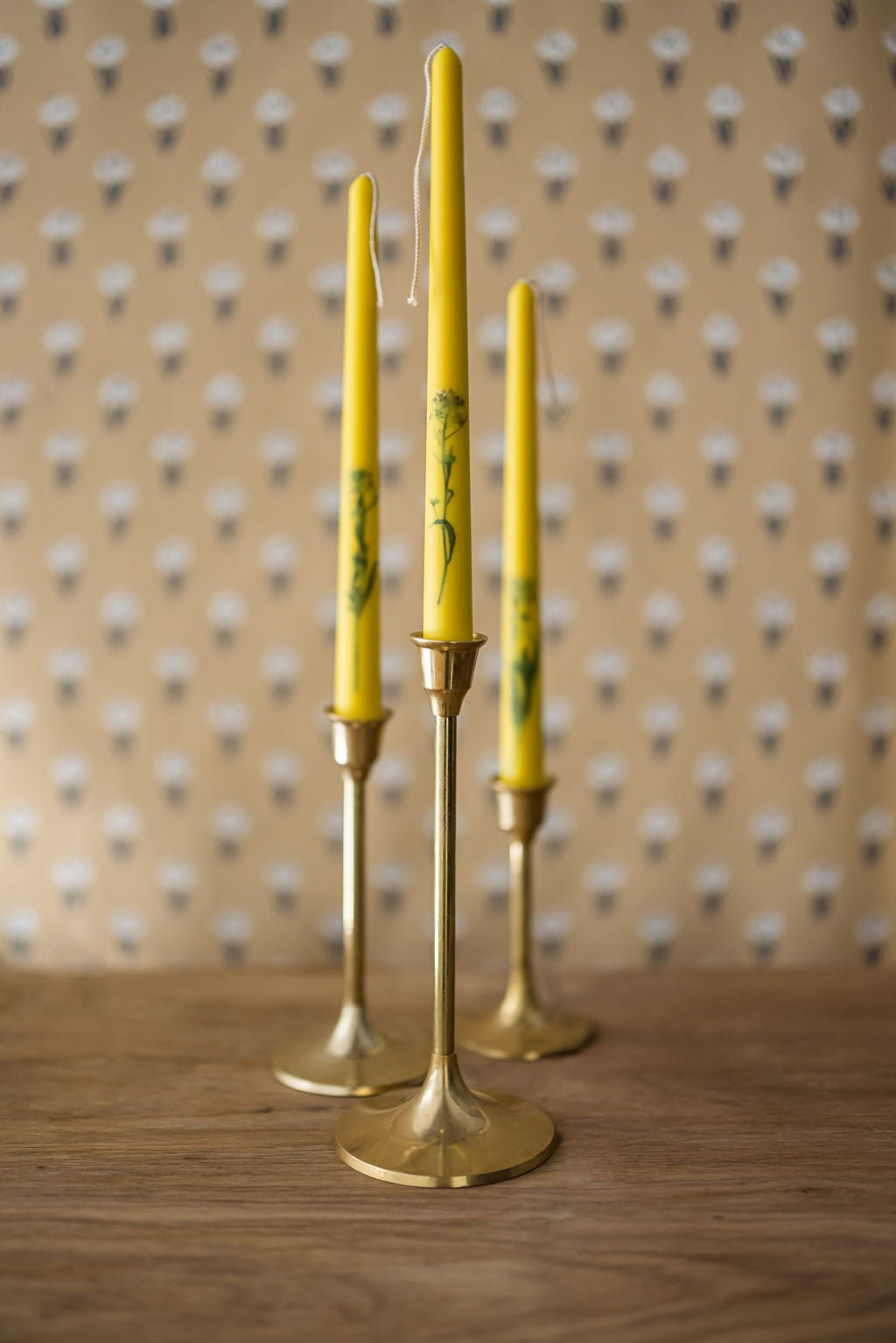 Galley & Fen Floral Inlaid Tapered Candles in Yellow - Set of 3