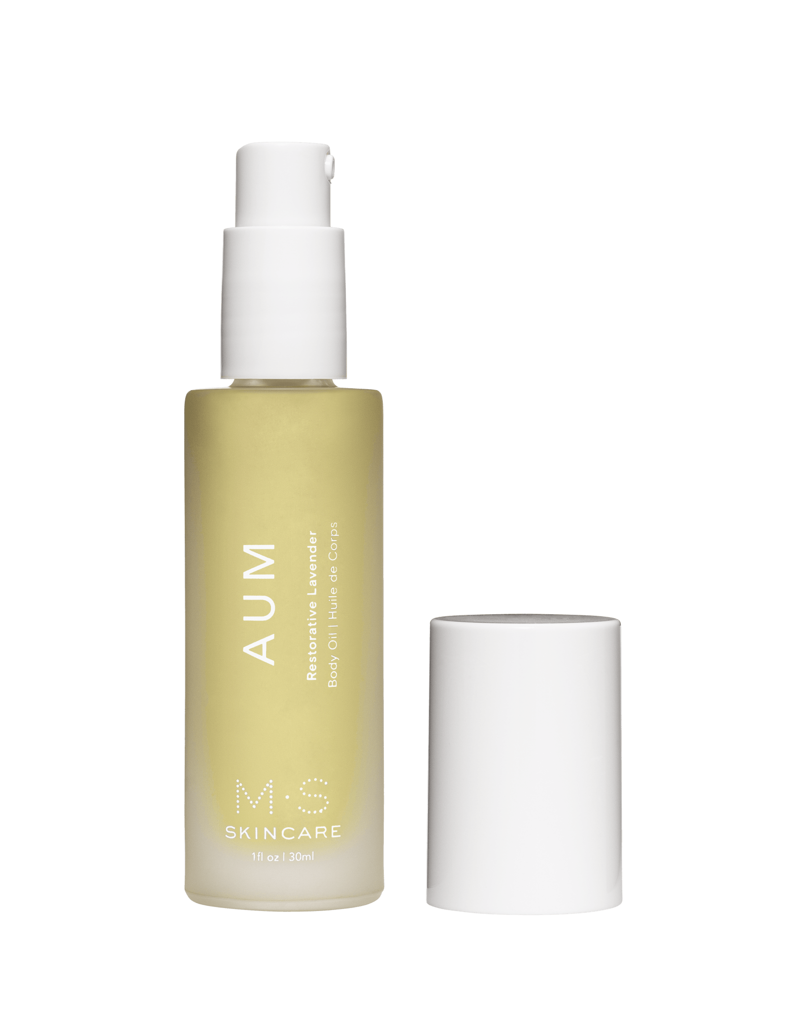 M.S Skincare AUM Lavender Restorative Body Oil -luxury skincare in a frosted white bottle with white printing and pump.