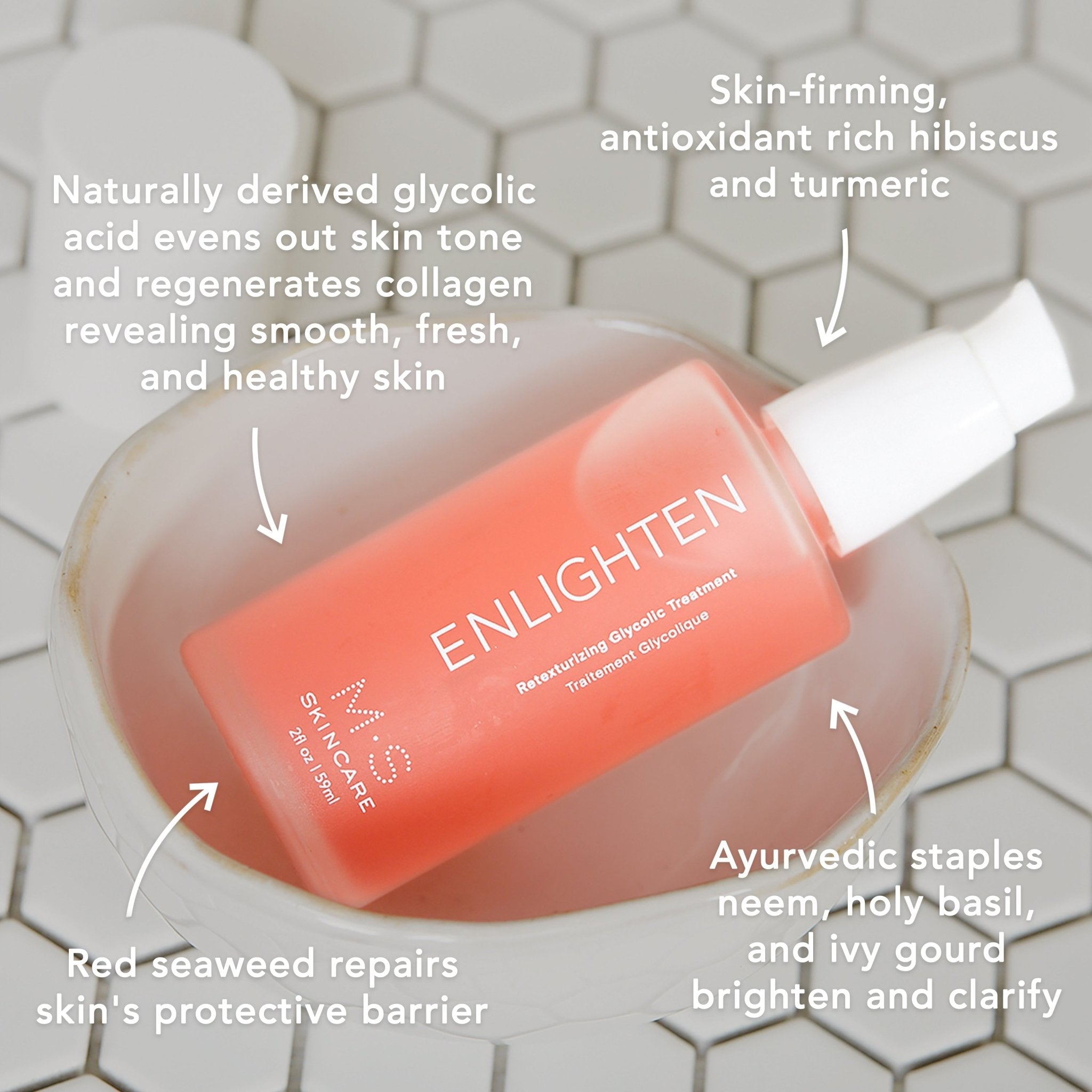 M.S Skincare ENLIGHTEN Retexturizing Glycolic Treatment-Pink Ayurvedic gel in a glass bottle with white pump in a white bowl.