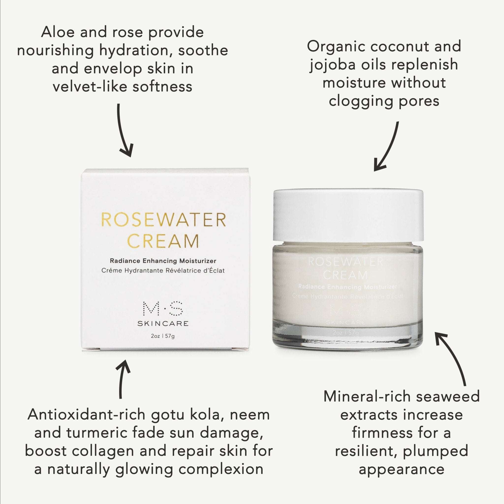 M.S Skincare ROSEWATER CREAM Radiance Enhancing Moisturizer in a frosted white jar with white printing and cap.