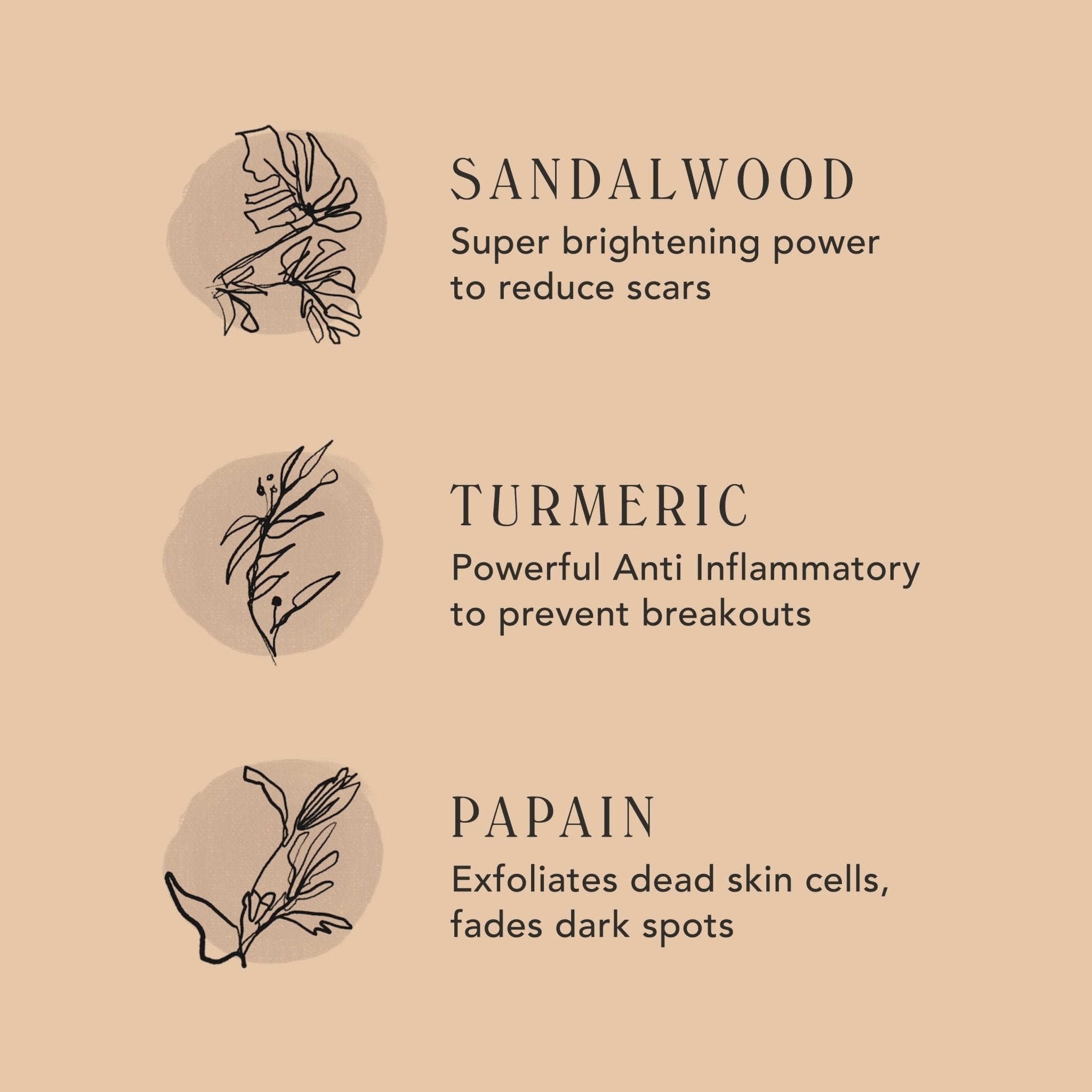 Beige infographic of M.S Skincare SANTAL Dual-Action Enzyme Cleansing Powder with botanical symbols and ingredients.