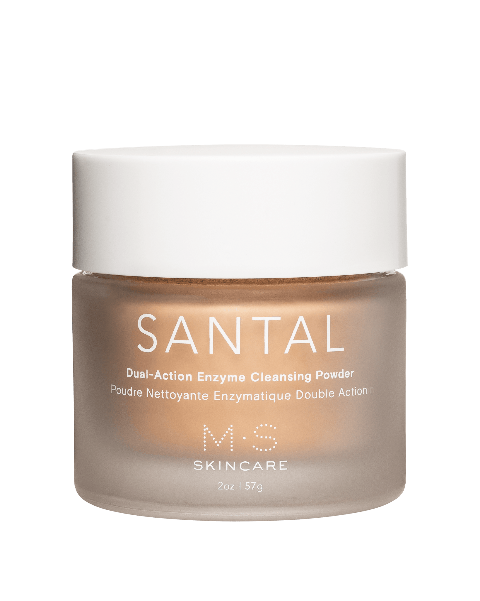 M.S Skincare SANTAL Dual-Action Enzyme Cleansing Powder- pink ayurvedic powder in a thick glass jar and white cap.