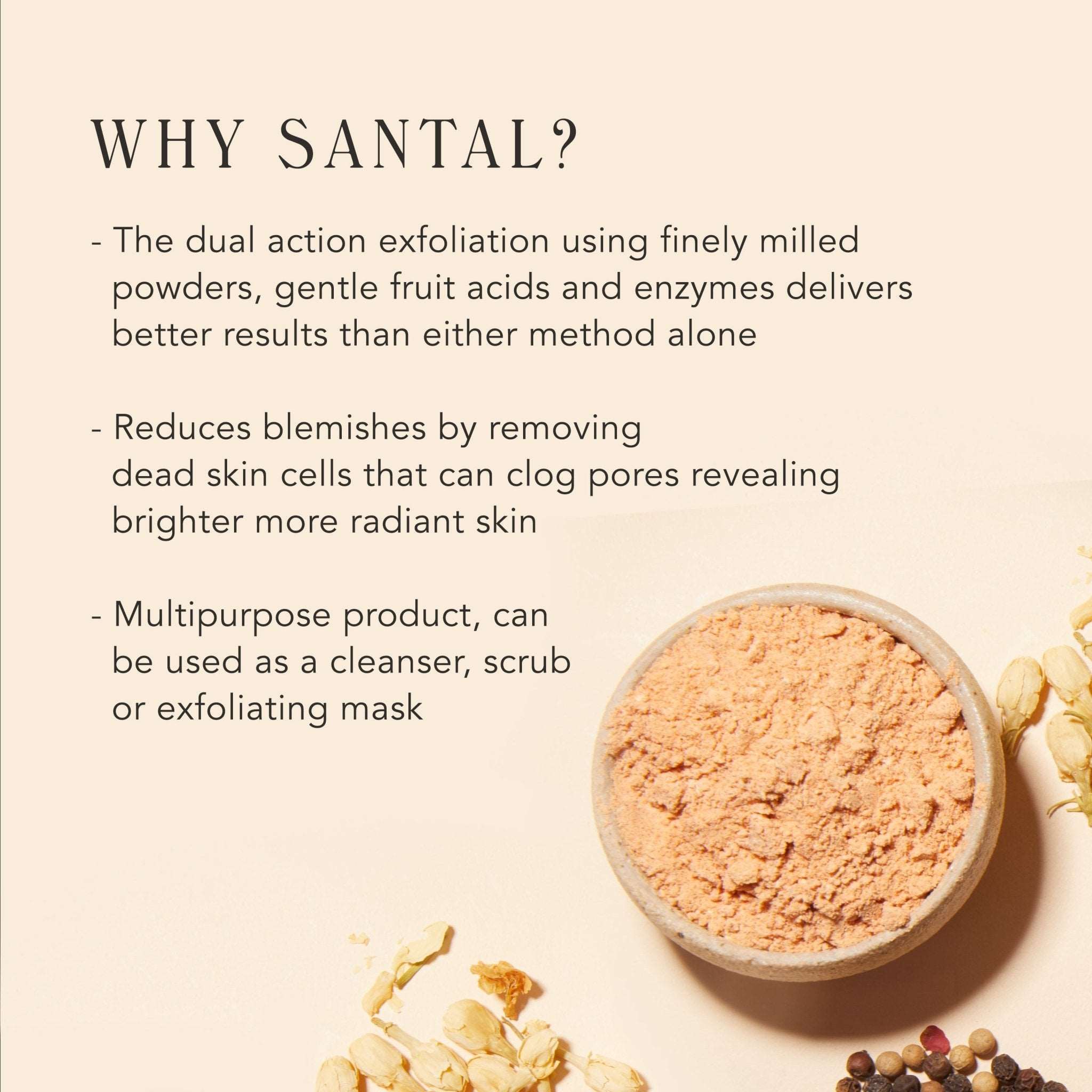 Beige infographic of M.S Skincare SANTAL Dual-Action Enzyme Cleansing Powder with botanical symbols and ingredients.