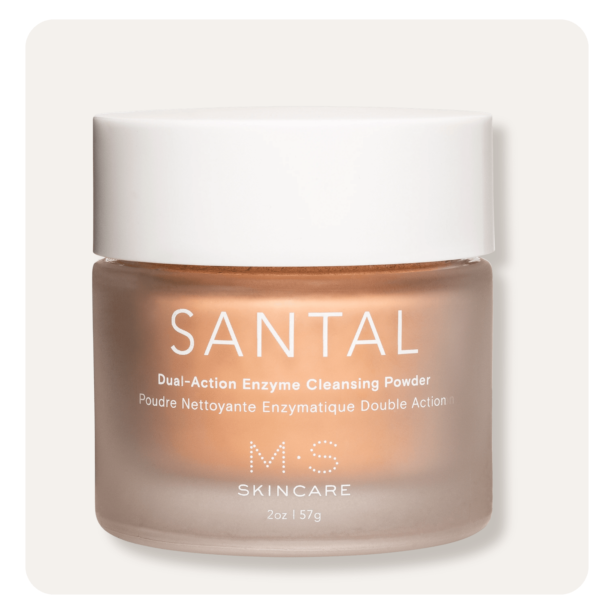 M.S Skincare SANTAL Dual-Action Enzyme Cleansing Powder- pink ayurvedic powder in a thick glass jar and white cap.