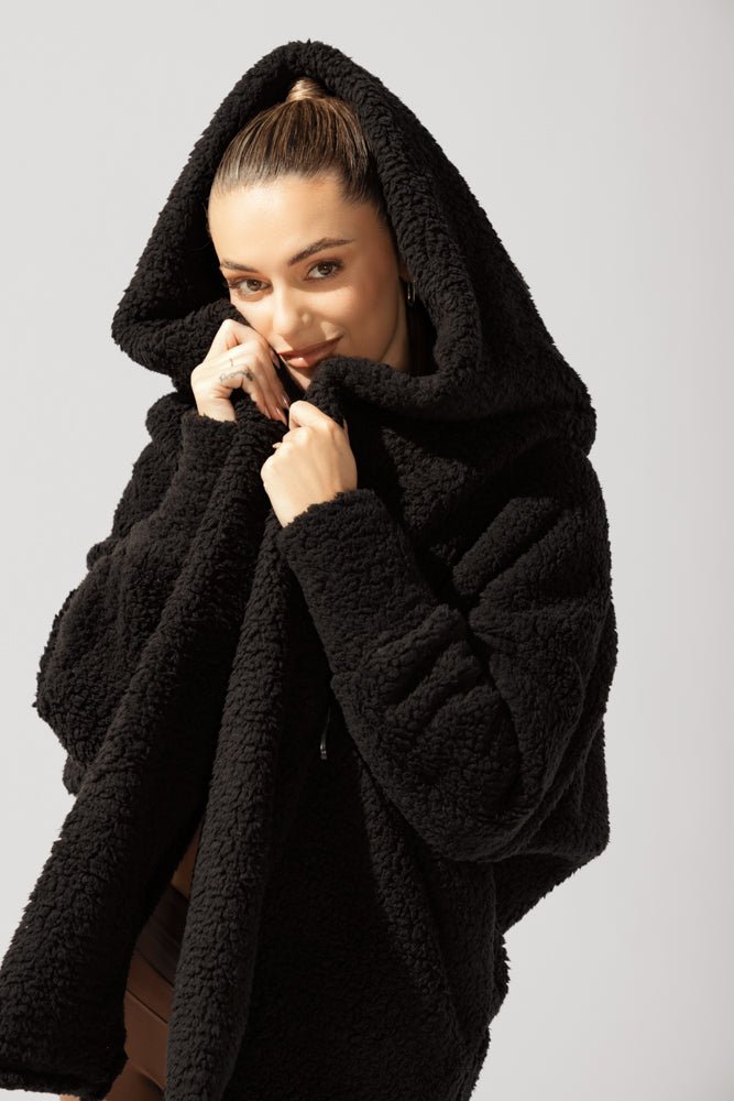 POPFLEX®Faux Sherpa Cocoon Coat - Black - M.S Skincare