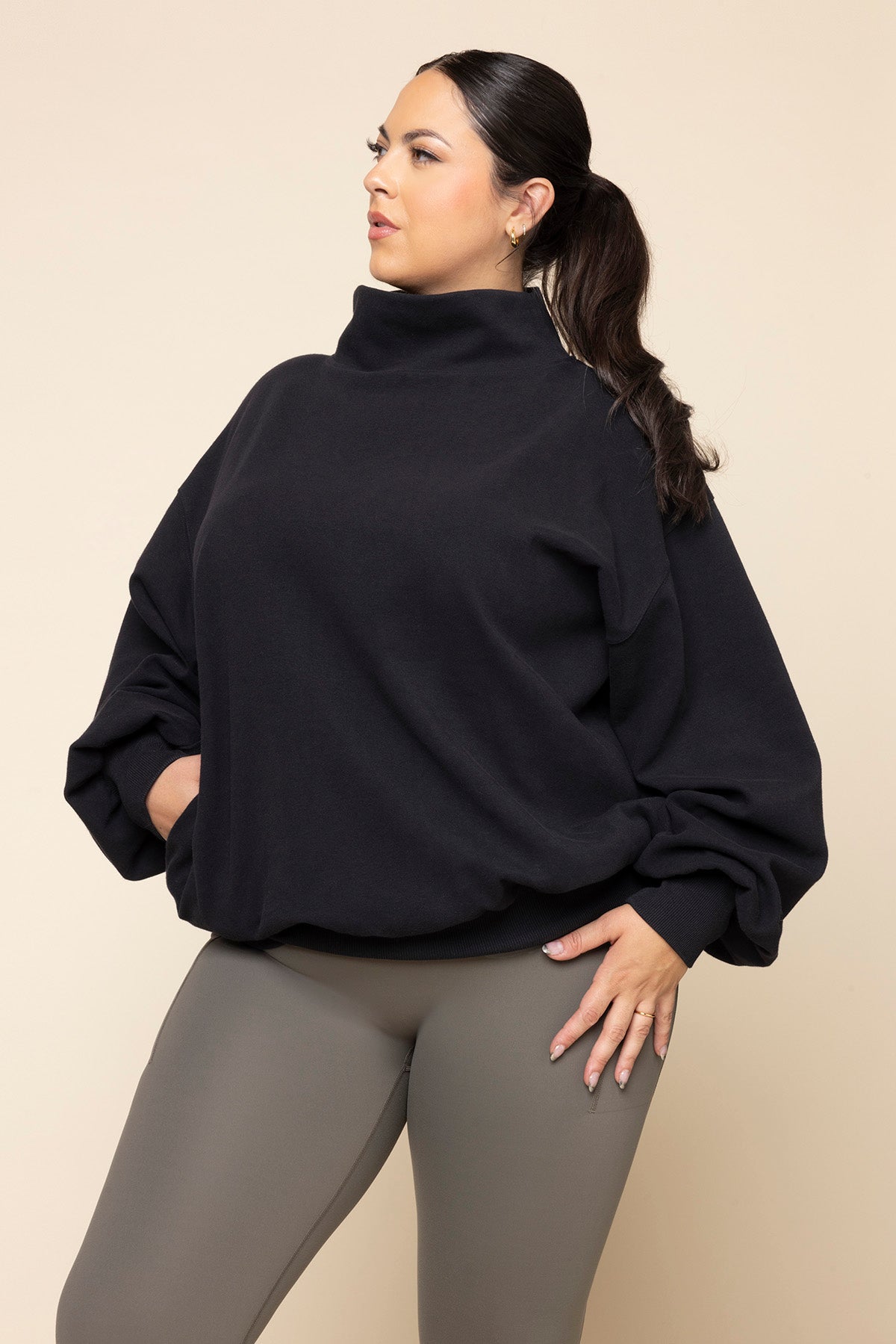 POPFLEX® Ooey Gooey Mockneck Sweatshirt with Pockets - Black