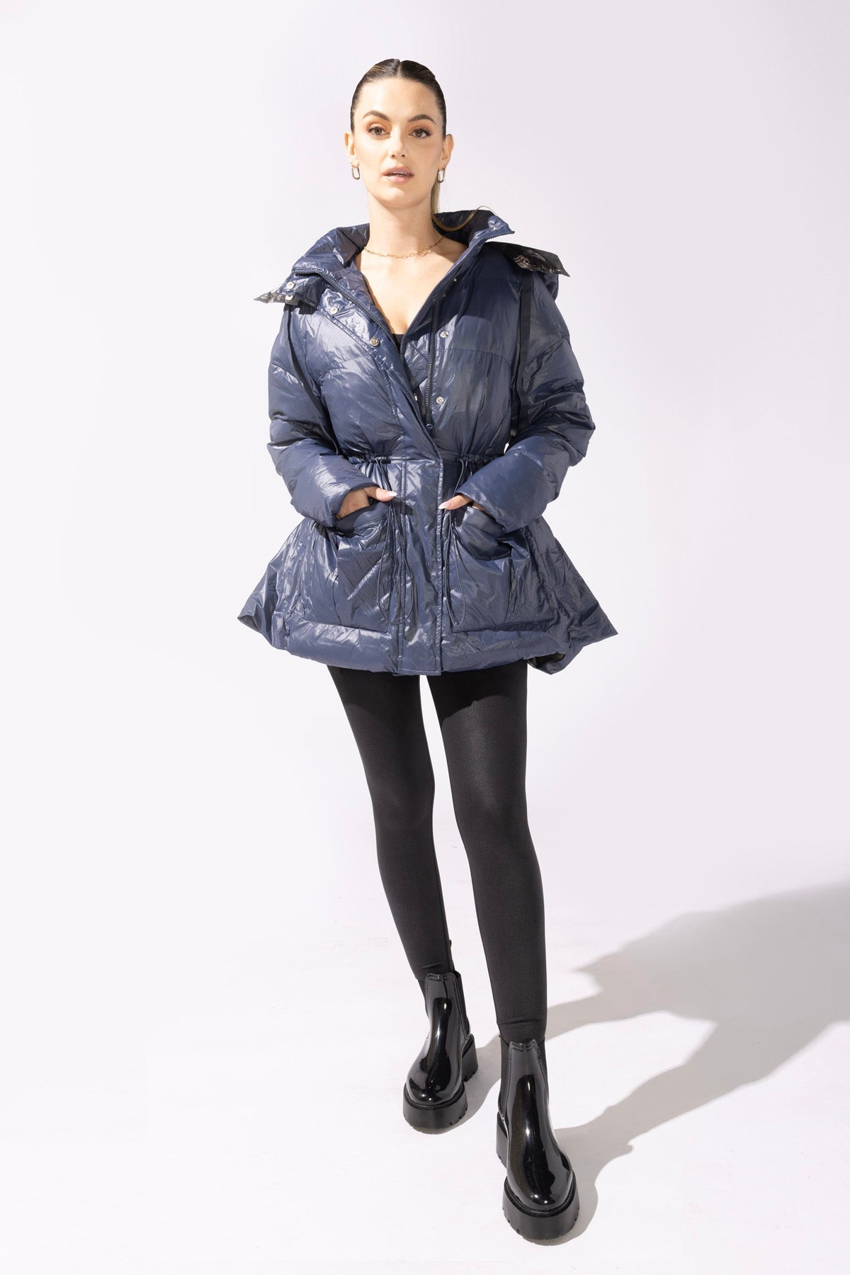 POPFLEX®Pearl Peplum Puffer Jacket - Navy - M.S Skincare