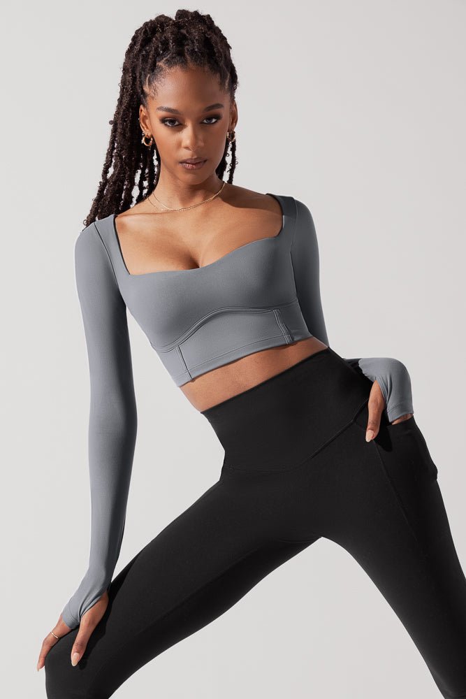 POPFLEX®Sweetheart Long Sleeve Crop Top - Cloudy Grey - M.S Skincare