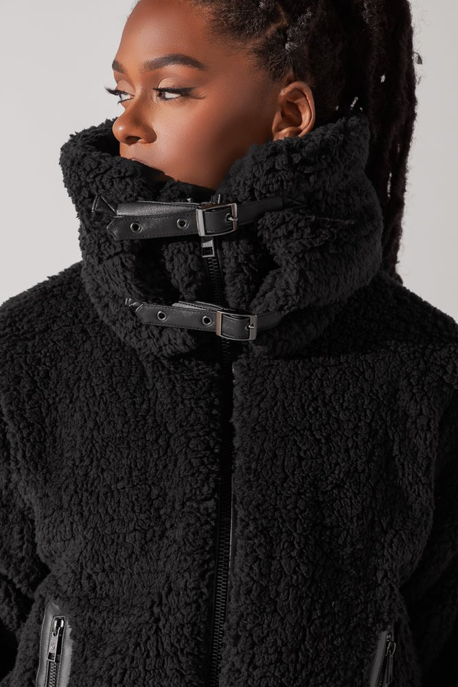 POPFLEX®The Kinsley Bomber Jacket in Faux Sherpa - Black - M.S Skincare