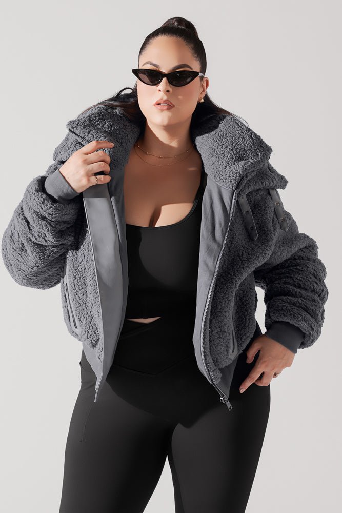 POPFLEX®The Kinsley Bomber Jacket in Faux Sherpa - Grey - M.S Skincare