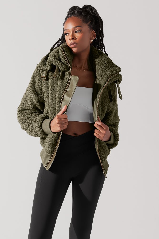 POPFLEX®The Kinsley Bomber Jacket in Faux Sherpa - Olive - M.S Skincare