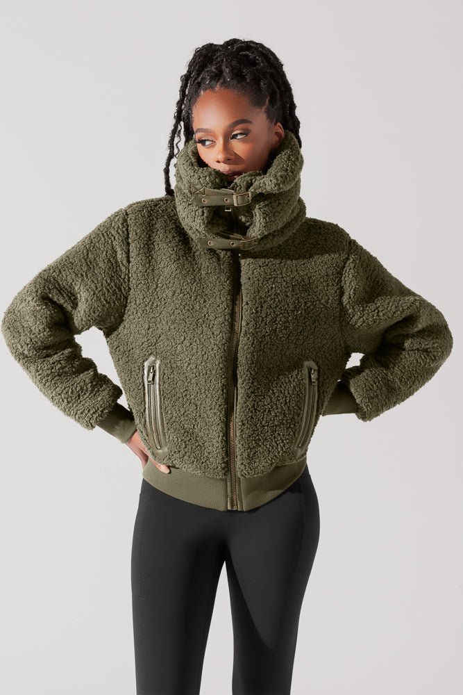 POPFLEX®The Kinsley Bomber Jacket in Faux Sherpa - Olive - M.S Skincare