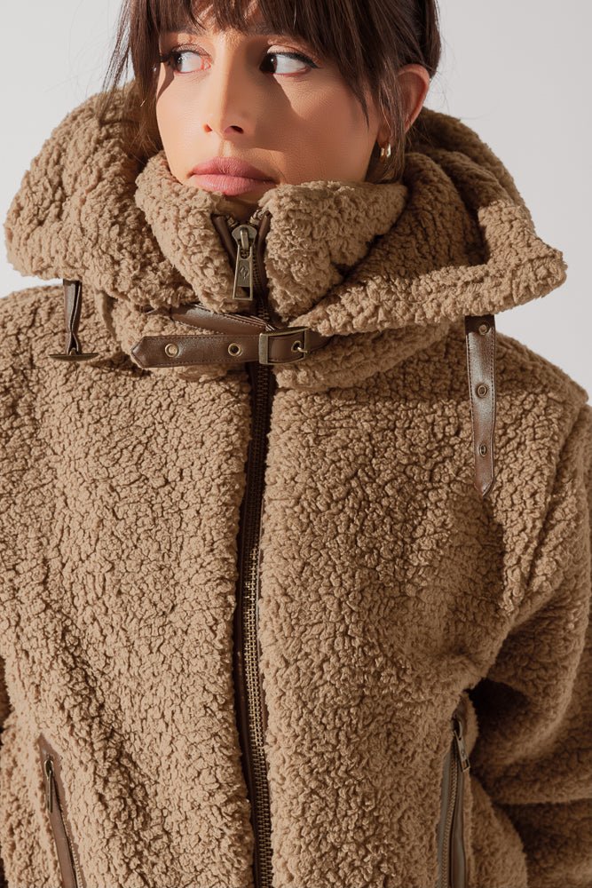 POPFLEX®The Kinsley Bomber Jacket in Faux Sherpa - Teddy Bear Brown - M.S Skincare