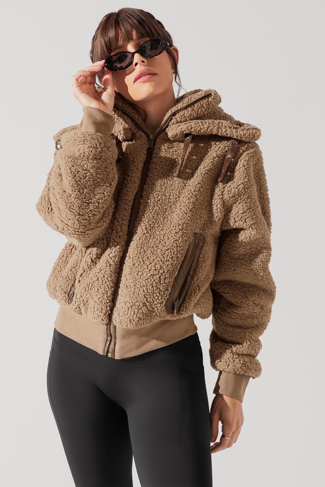 POPFLEX®The Kinsley Bomber Jacket in Faux Sherpa - Teddy Bear Brown - M.S Skincare