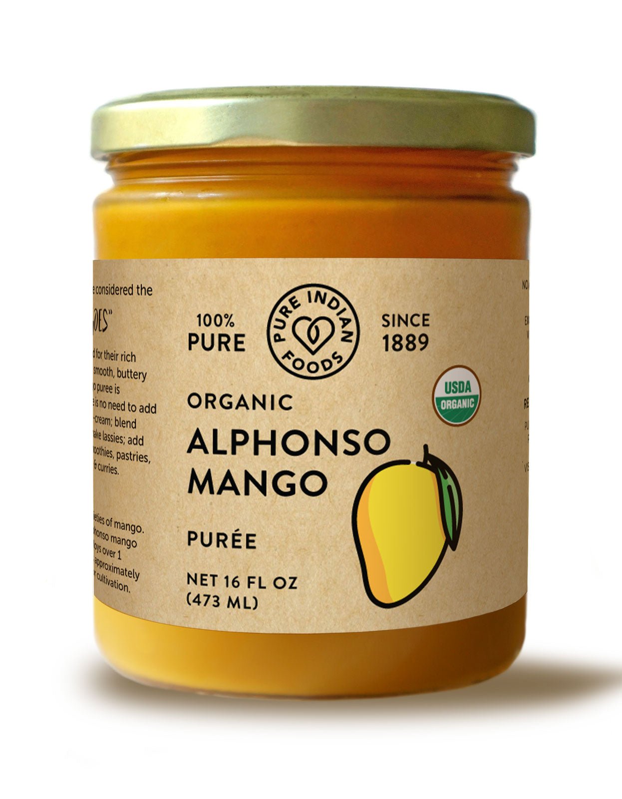 Pure Indian Foods Alphonso Mango Puree, Certified Organic - 16 oz