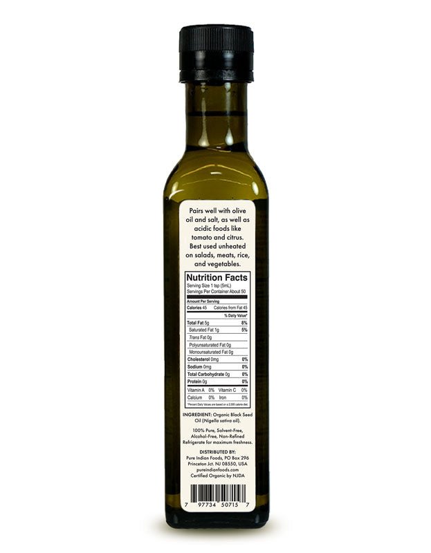 Pure Indian Foods Black Seed Oil, Cold Pressed, Virgin & Certified Organic (Black Cumin Seed/Nigella sativa) - 250 mL