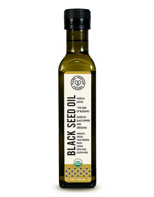 Pure Indian Foods Black Seed Oil, Cold Pressed, Virgin & Certified Organic (Black Cumin Seed/Nigella sativa) - 250 mL