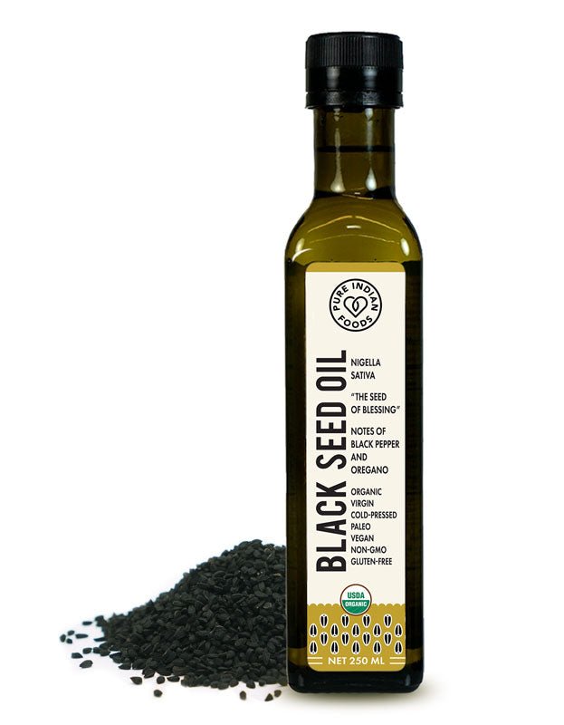 Pure Indian Foods Black Seed Oil, Cold Pressed, Virgin & Certified Organic (Black Cumin Seed/Nigella sativa) - 250 mL