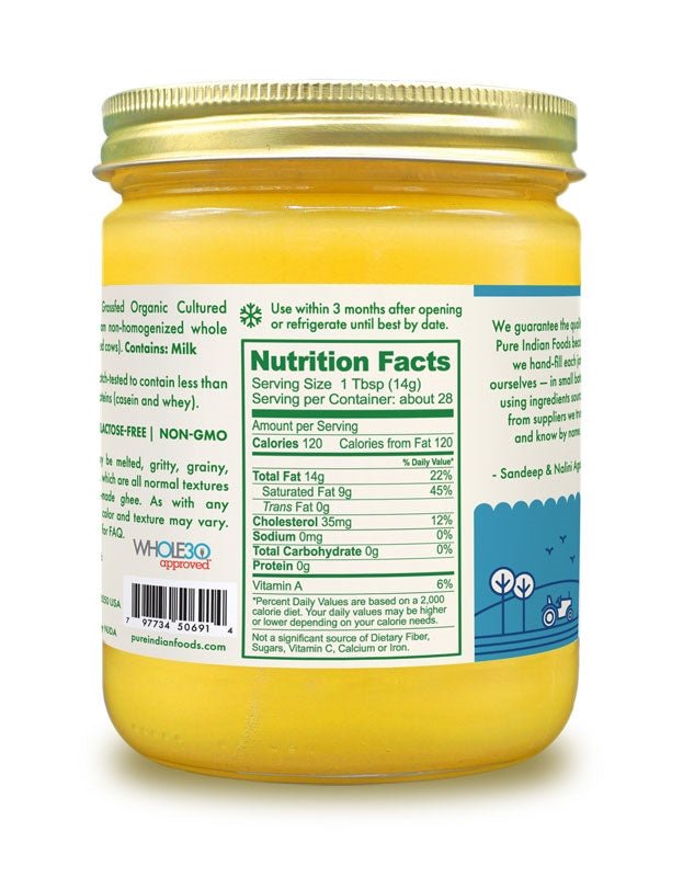 Pure Indian Foods Cultured Ghee, Grassfed & Certified Organic - 14 oz