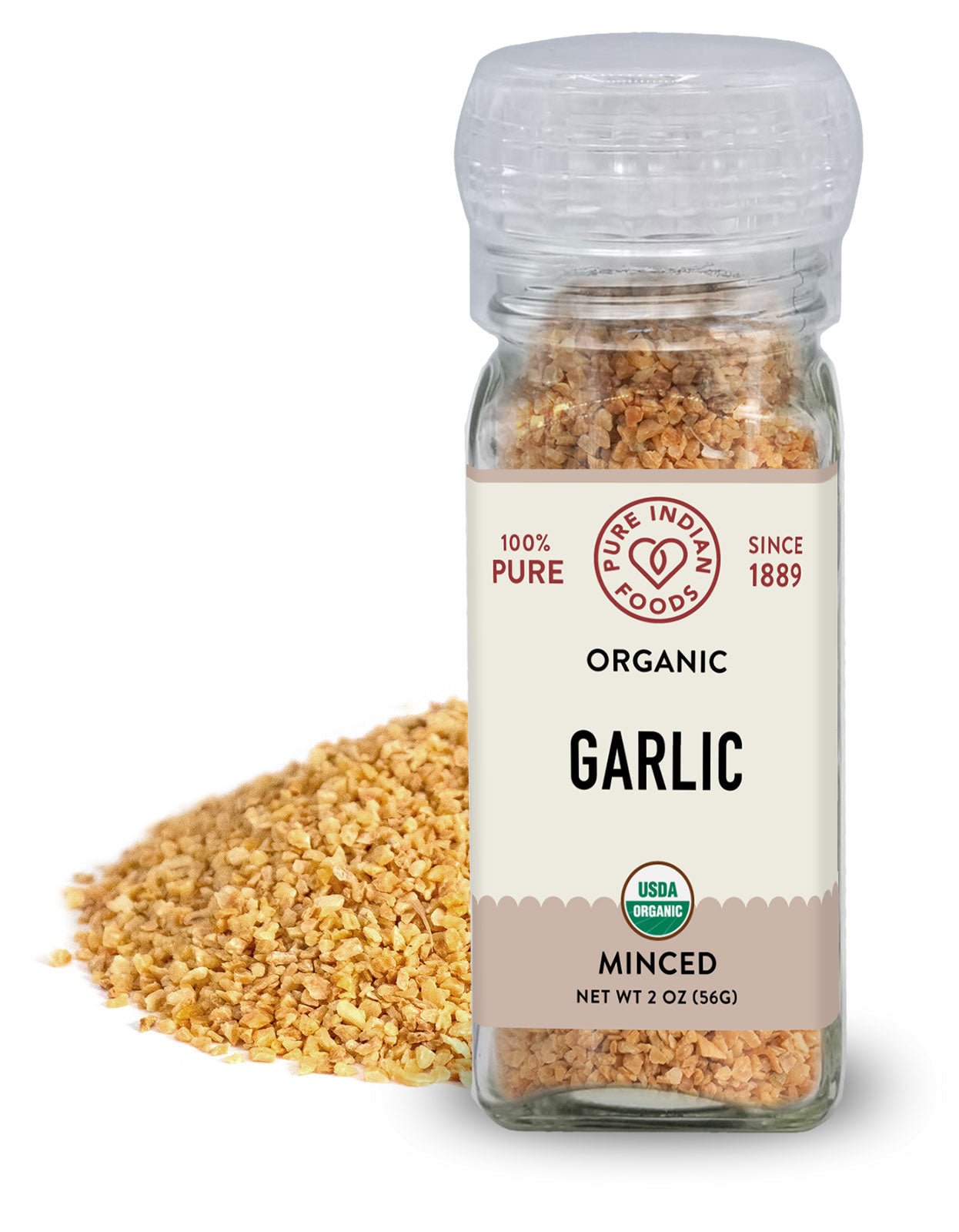 Pure Indian Foods Garlic Minced, Certified Organic in Grinder Top Bottle - 2 oz