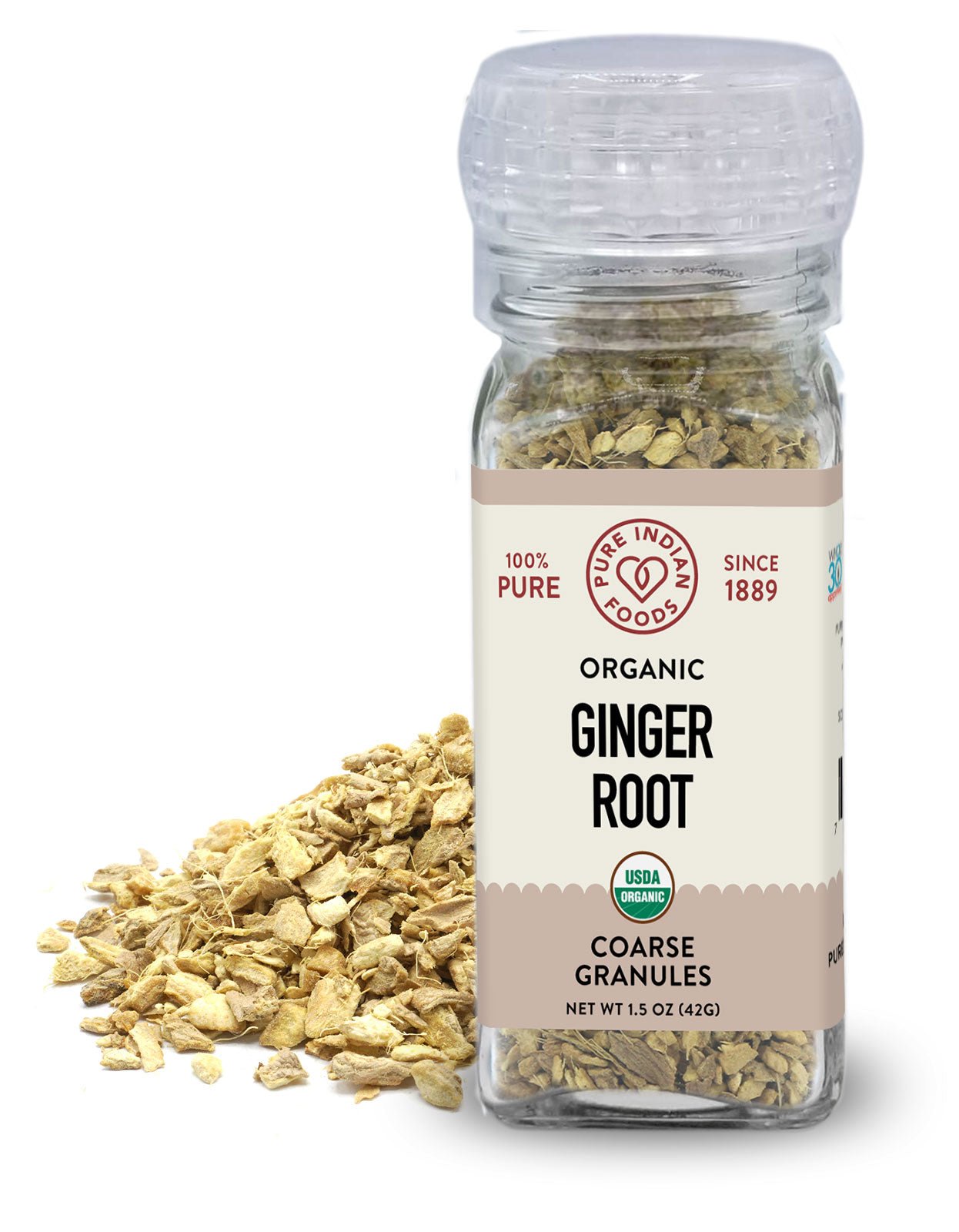 Pure Indian Foods Ginger Root Coarse Granules, Certified Organic - 1.5 oz, in Grinder Top Bottle