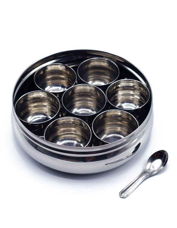 Pure Indian Foods Indian Spice Tray (Spice Box or Spice Rack - also known as Masala Dani or Masala Dabba), Stainless Steel