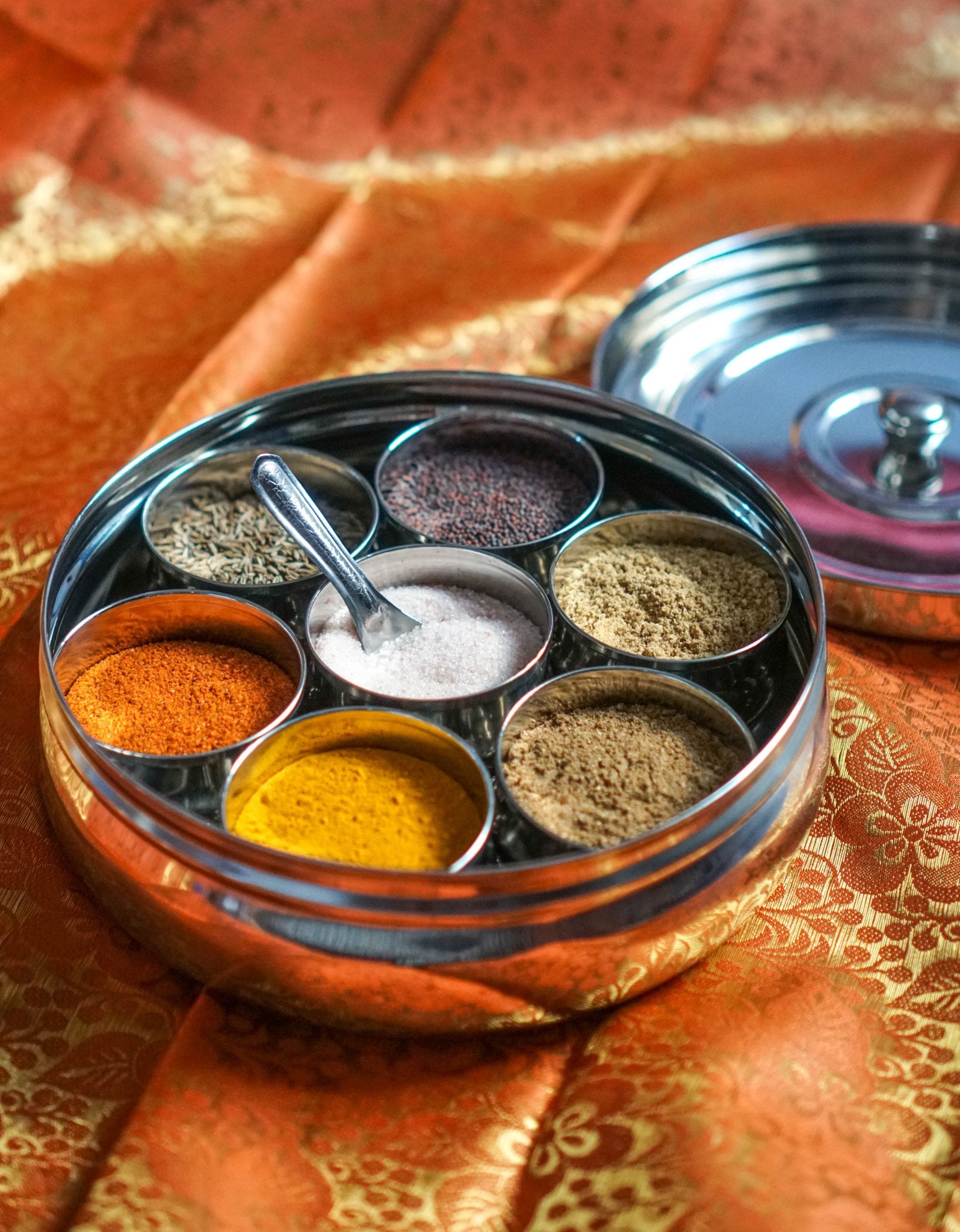 Pure Indian Foods Indian Spice Tray (Spice Box or Spice Rack - also known as Masala Dani or Masala Dabba), Stainless Steel