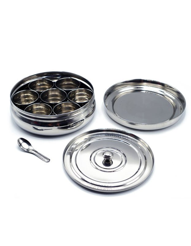 Pure Indian Foods Indian Spice Tray (Spice Box or Spice Rack - also known as Masala Dani or Masala Dabba), Stainless Steel