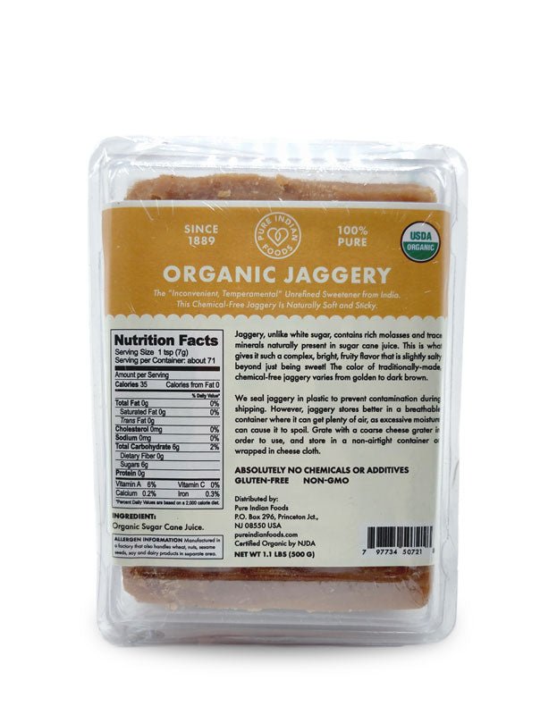 Pure Indian Foods Jaggery (Panela, Rapadura), Certified Organic - 1.1. lbs