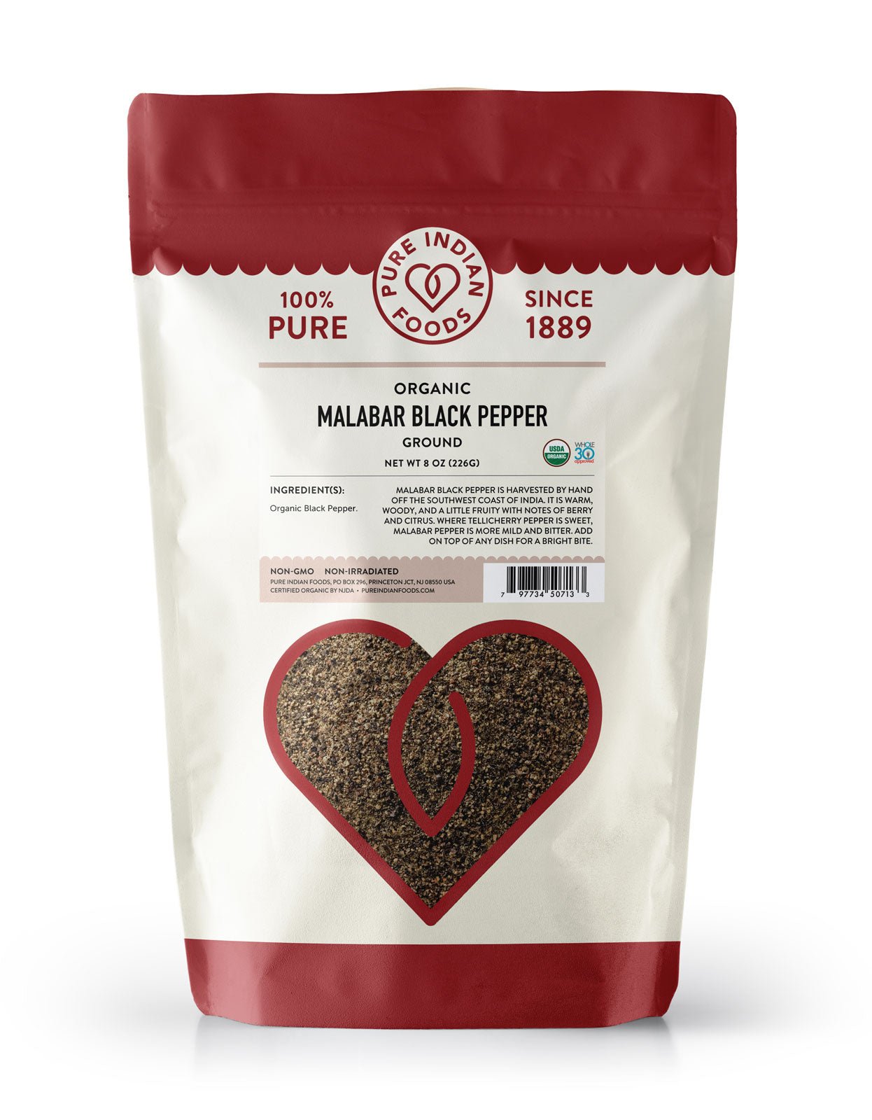 Pure Indian Foods Malabar Black Pepper Fine Ground, Certified Organic - 8 oz